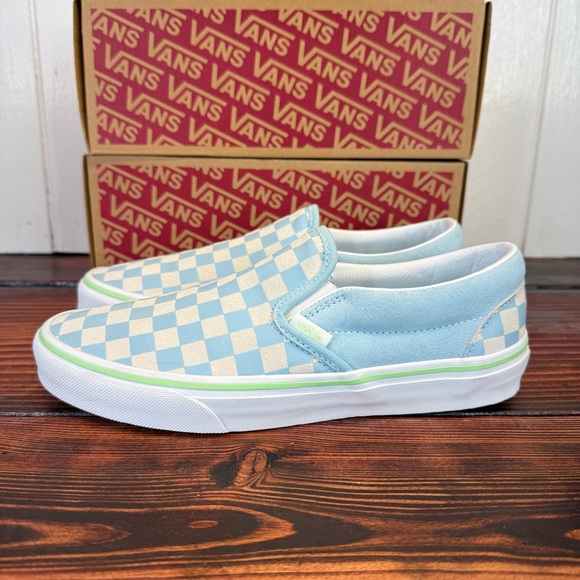 NIB Vans Classic Slip-On Checkerboard Crystal Blue White Sneakers Size 8.5 Women - Picture 4 of 8